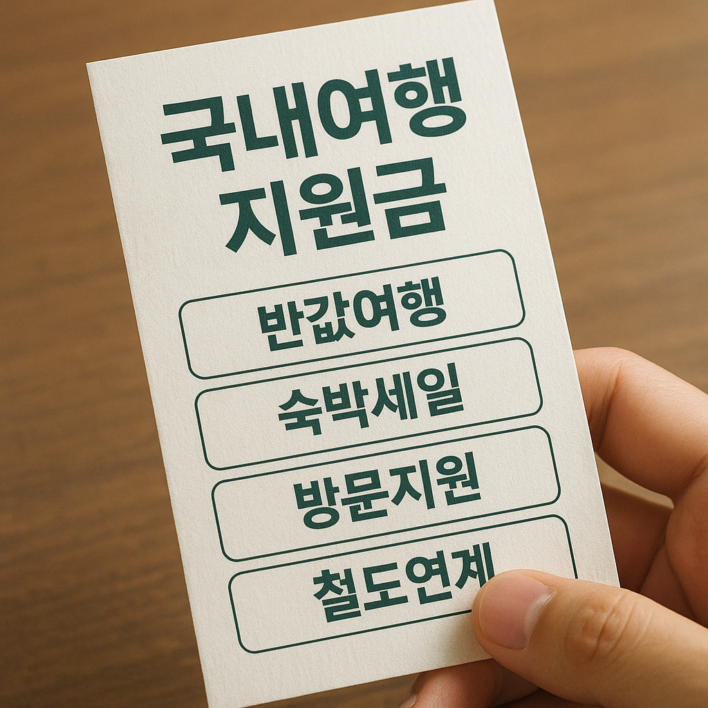 반값여행 지역상품권 환급, 숙박 할인, 섬 방문 지원, 철도 연계 상품을 비교하는 안내 이미지