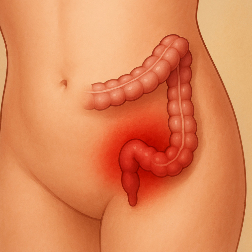 맹장 터짐의 위험성과 초기 증상을 알리는 이미지로, 오른쪽 아랫배 통증을 설명하는 일러스트 다이어그램.