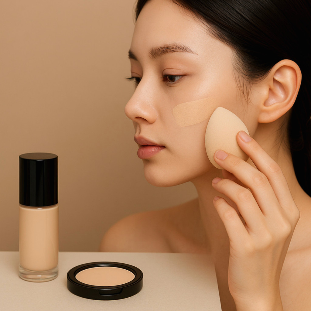 다양한 메이크업 제품과 피부 준비에 대한 가이드를 나타낸 이미지로, 부드러운 텍스처와 수분감을 강조하고 있다.