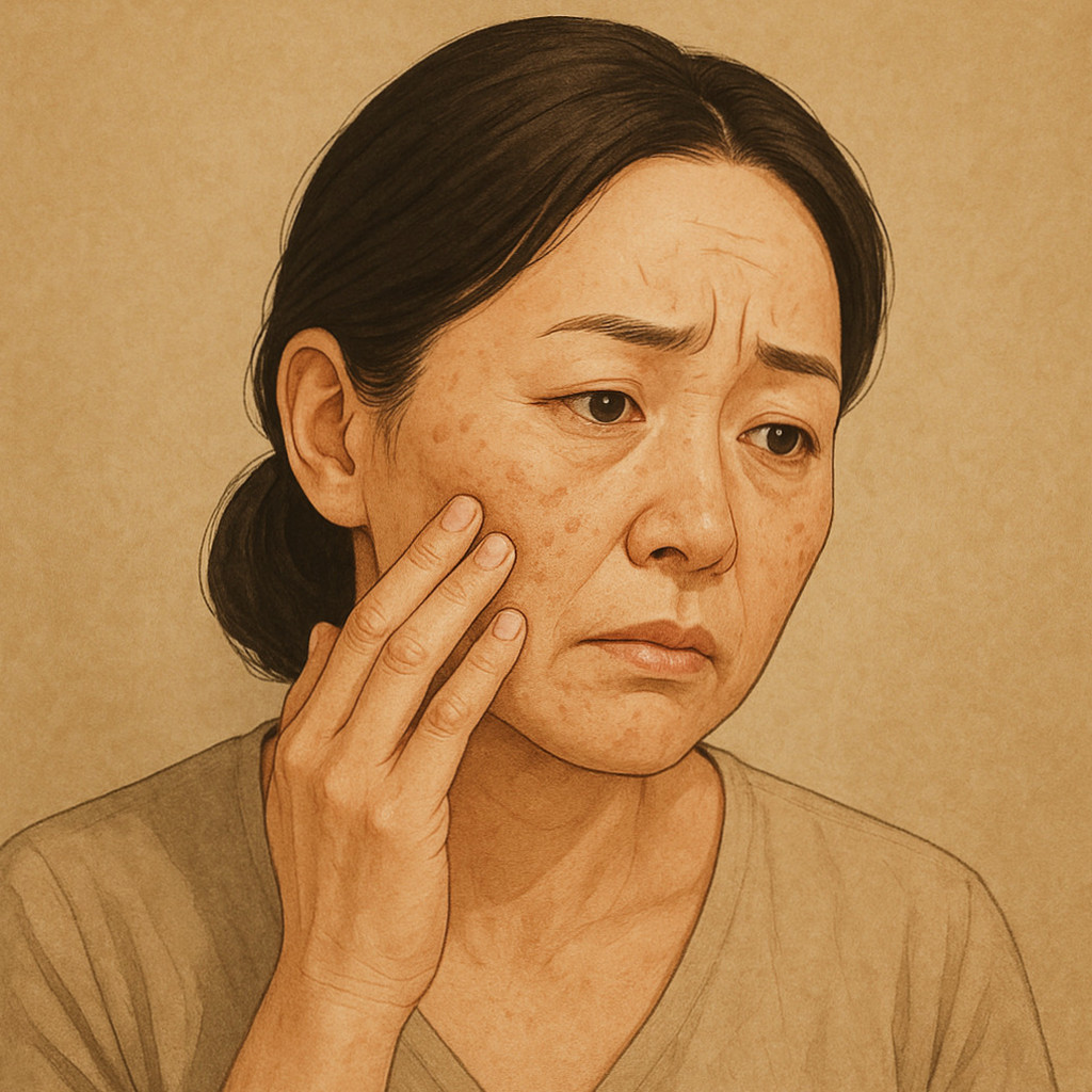 50대 피부 고민을 다룬 블로그 글을 대표하는 이미지로, 잔주름과 피부 탄력 저하를 대표하는 노화된 피부의 확대 이미지.