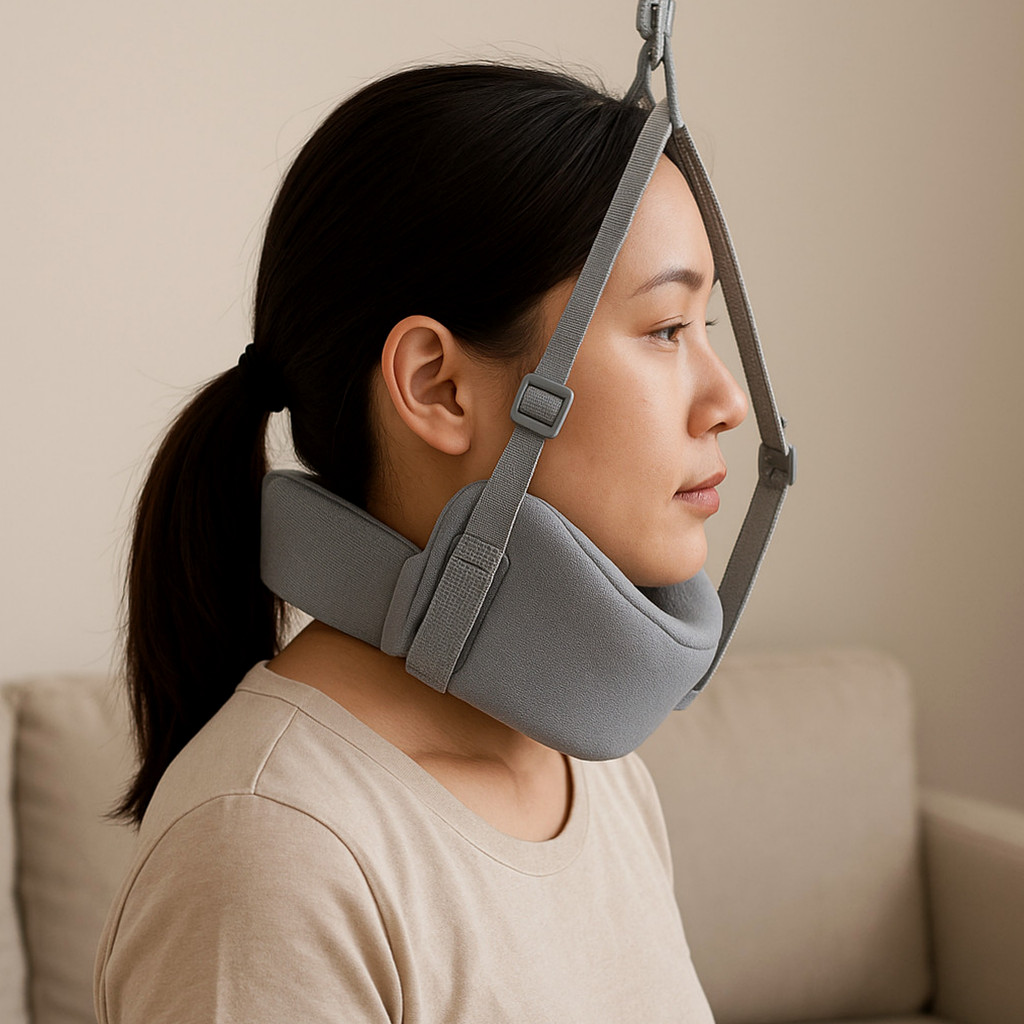목 건강을 위한 목견인기를 소개하는 썸네일로, 제품과 사용법, 효과를 강조한 이미지.