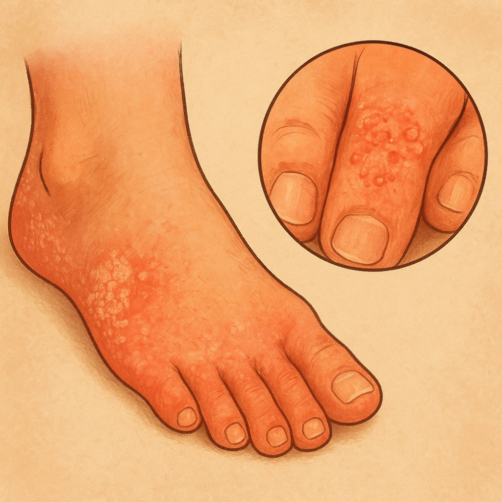 무좀 증상과 원인, 치료 방법을 다룬 블로그 글을 위한 대표 이미지, 여름철 발에 발생하는 피부 질환 설명.
