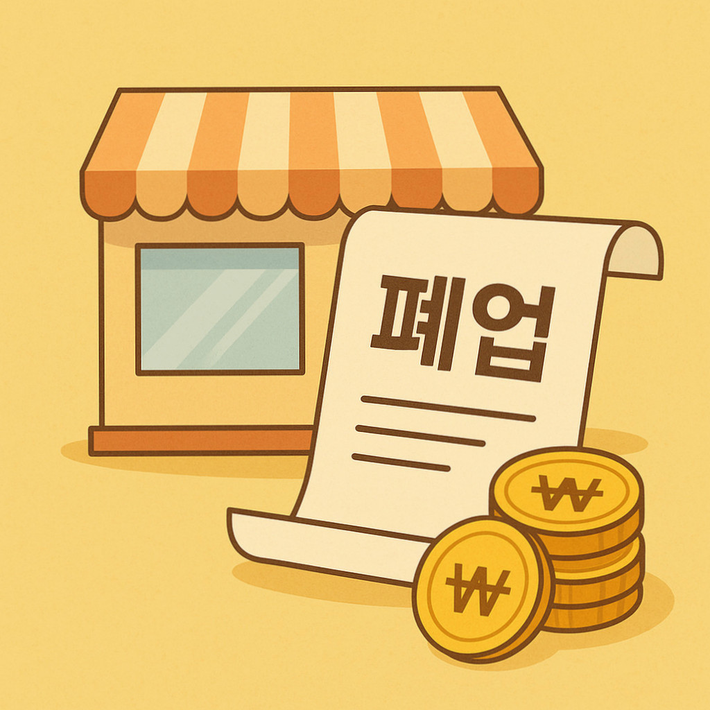 소상공인이 폐업지원금 신청에 대한 정보를 알아보는 모습의 일러스트, 문서와 서류가 있는 테이블 위에 놓여 있음.